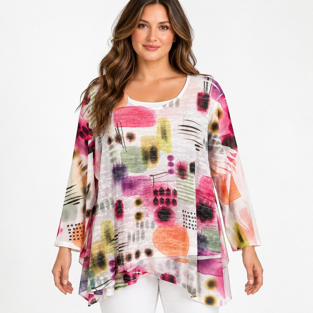 Jess & Jane Womens 1X Abstract Art to Wear Sheer Tunic Asymmetrical Hem Layer